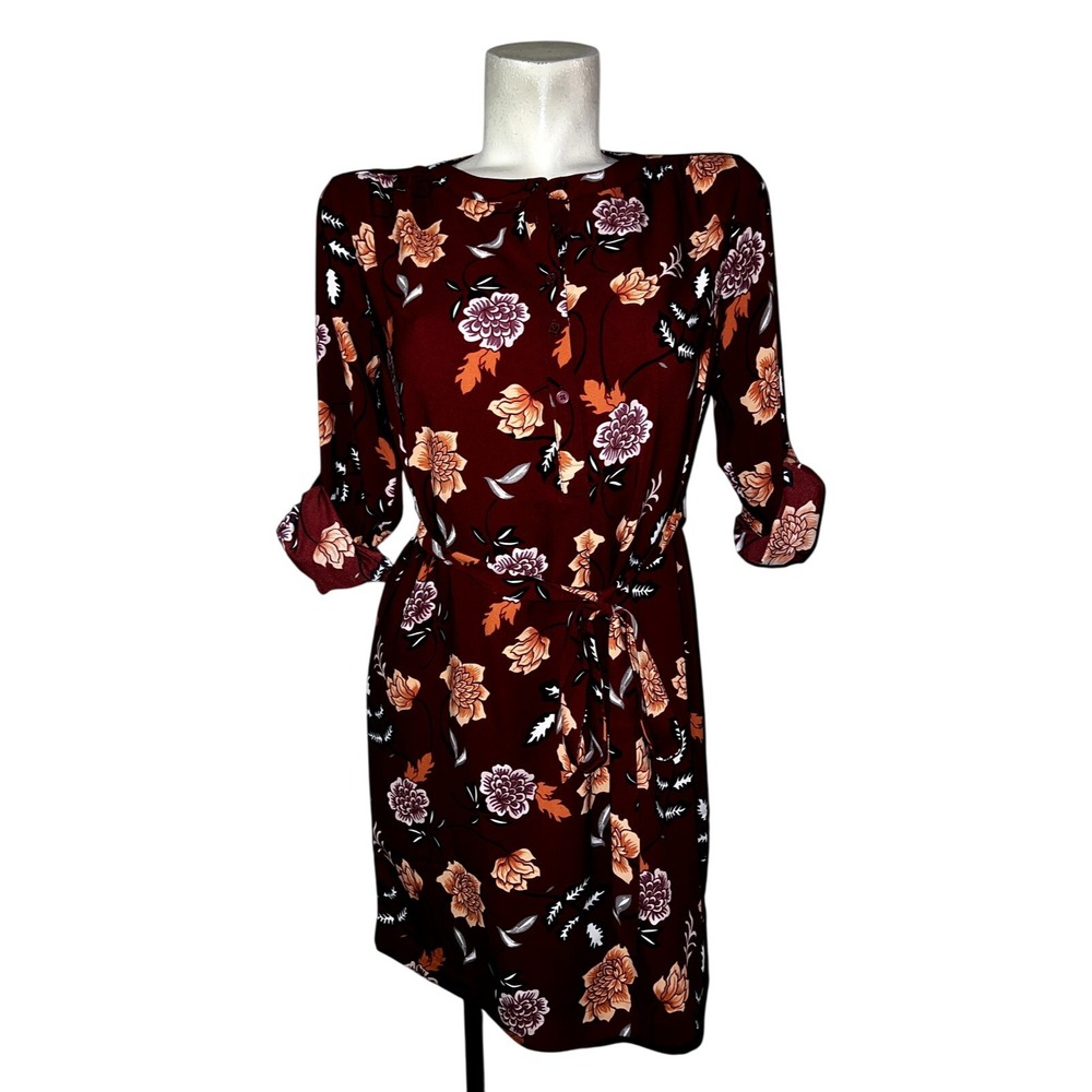 LOFT Womens Burgundy Floral Button Front Tie Waist Roll Tab Sleeve Shirt Dress